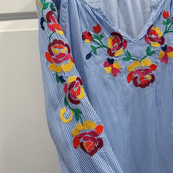 Artisan NY 3/4 sleeve, blue white striped multicolor, floral detail - Picture 2 of 5